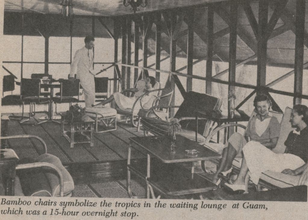 1930s A trans Pacific passage on Pan Am included hotel accomodations at each stop.  Seen here is a lounge at Pan Am's Guam hotel